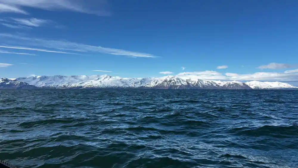 Snow-capped mountain range across water under clear sky